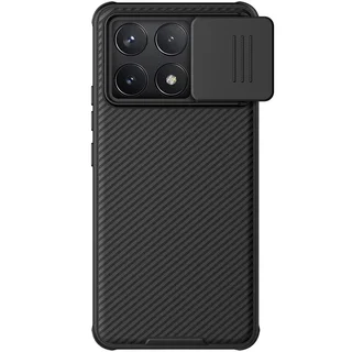 Telefontok Xiaomi Poco F6 Pro 5G - Nillkin csúsztatható kameravédős fekete hátlap tok beépített mágnessel