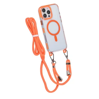 Telefontok iPhone 16 Pro - MagSafe kompatibilis átlátszó/narancs nyakbaakasztós hátlap tok