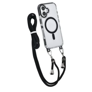 Telefontok iPhone 16 Plus - MagSafe kompatibilis átlátszó/fekete nyakbaakasztós hátlap tok