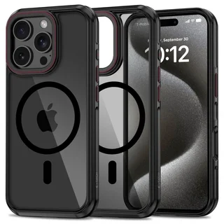 iPhone 16 Pro Max telefontok - Tech-Protect Maghybrid - MagSafe kompatibilis áttetsző műanyag hátlap tok, fekete/piros szilikon kerettel
