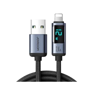 Joyroom A16 kábel - USB / Lightning fekete szövet gyorstöltő kábel, kijelzővel 1,2m, 2,4A