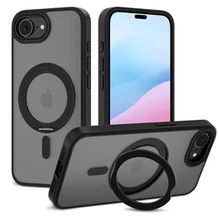 Telefontok iPhone 16e - Tech-Protect Magring - MagSafe kompatibilis áttetsző műanyag hátlap tok, fekete szilikon kerettel, kitámasztóval ﻿