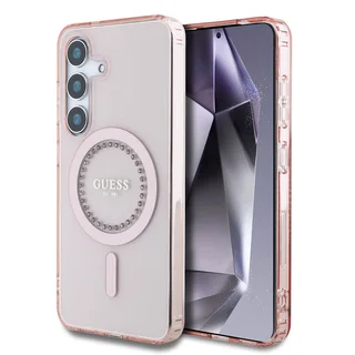 Samsung Galaxy S25 - Guess Classic Logo strasszokkal - pink átlátszó MagSafe kompatibilis hátlap tok