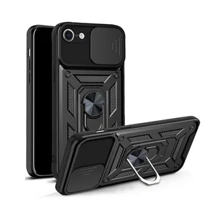 Telefontok iPhone 16e - Camshield - fekete szilikon tok, kitámasztó ujjgyűrűvel, csúsztatható kameravédővel