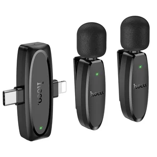 HOCO L15 - 2db vezeték nélküli csíptethető mikrofon + Lightning / Type-C (USB-C) csatlakozós vevőegység, fekete