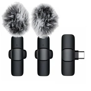 Lavalier K1 - 2db vezeték nélküli csíptethető mikrofon (hosszú szőrű szélfogóval) + Type-C (USB-C) vevőegység, fekete