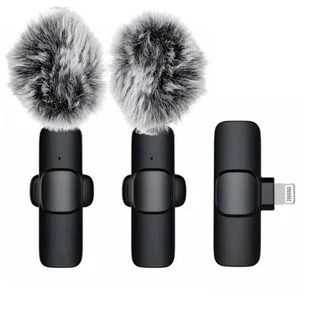 Lavalier K1 - 2db vezeték nélküli csíptethető mikrofon (hosszú szőrű szélfogóval) + Lightning vevőegység, fekete