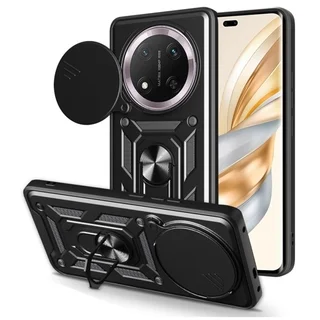 Telefontok Honor Magic7 Lite - Camshield - fekete szilikon tok, kitámasztó ujjgyűrűvel, csúsztatható kameravédővel