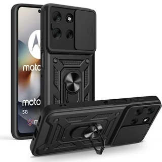 Telefontok Motorola Moto G56 5G - Camshield - fekete szilikon tok, kitámasztó ujjgyűrűvel, csúsztatható kameravédővel