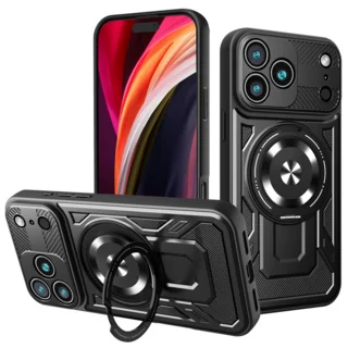 Telefontok iPhone 17 Pro Max - Defender Armor Mag - MagSafe kompatibilis fekete ütésálló hátlap tok, kitámasztóval ﻿