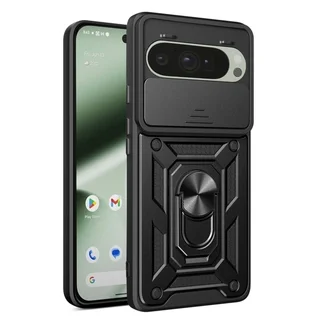 Telefontok Google Pixel 10 - Camshield - fekete szilikon tok, kitámasztó ujjgyűrűvel, csúsztatható kameravédővel