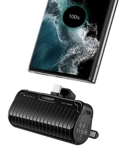 VEGER PlugOn Powerbank - fekete powerbank beépített Type-C (USB-C) csatlakozóval, kitámasztóval