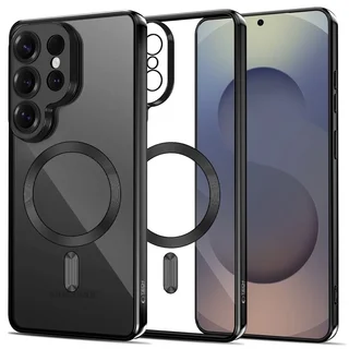  Telefontok Samsung Galaxy S26 Ultra - MagSafe kompatibilis átlátszó hátlap tok, fekete szilikon kerettel