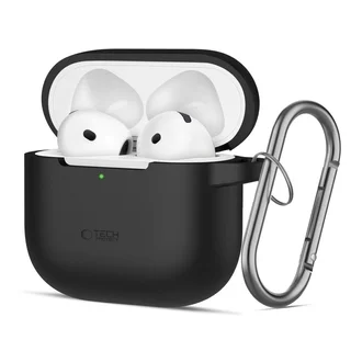 AirPods 4 tartó - fekete szilikon tok, karabinerrel