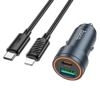 Autós töltő HOCO Z57A  - USB / Type-C szivartöltő fej 3A, fekete + Lightning / Type-C (USB-C) kábel, 1m