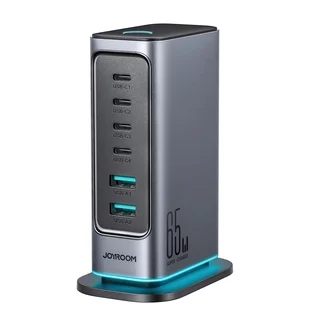 Hálózati töltő: Joyroom JR-TCM02 - 4 Type-C (USB-C) / 2 USB porttal, hálózati töltő, szürke, 65W