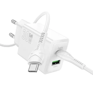 HOCO N71 - USB / Type-C (USB-C) portos fehér hálózati gyors töltőfej, 30W + Type-C / Type-C (USB-C) kábel, 1m